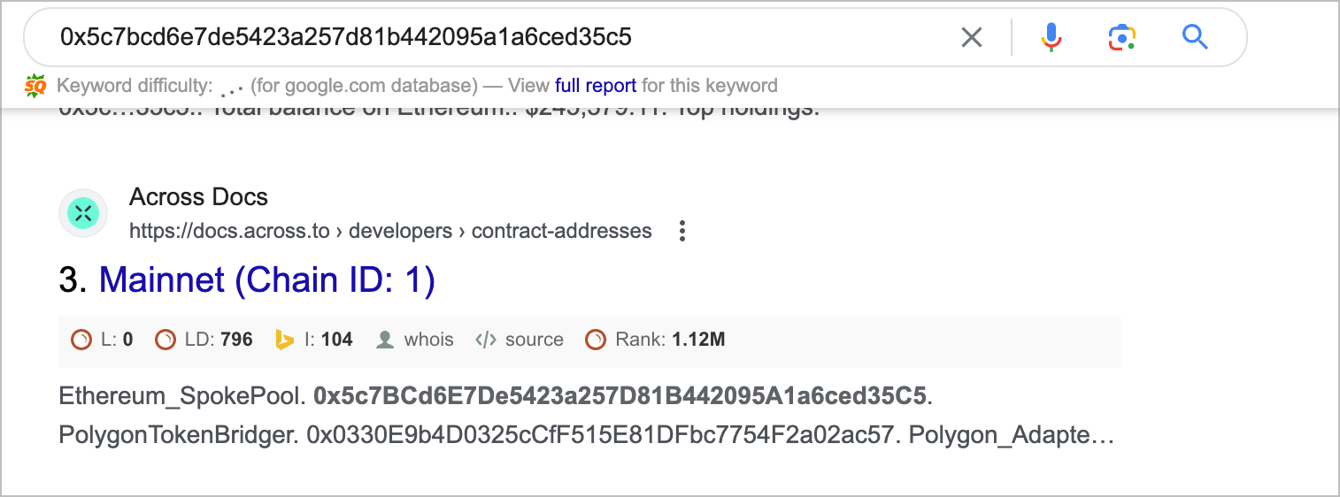 Check out the search results and look for a link to an app&#39;s docs that includes the contract address
